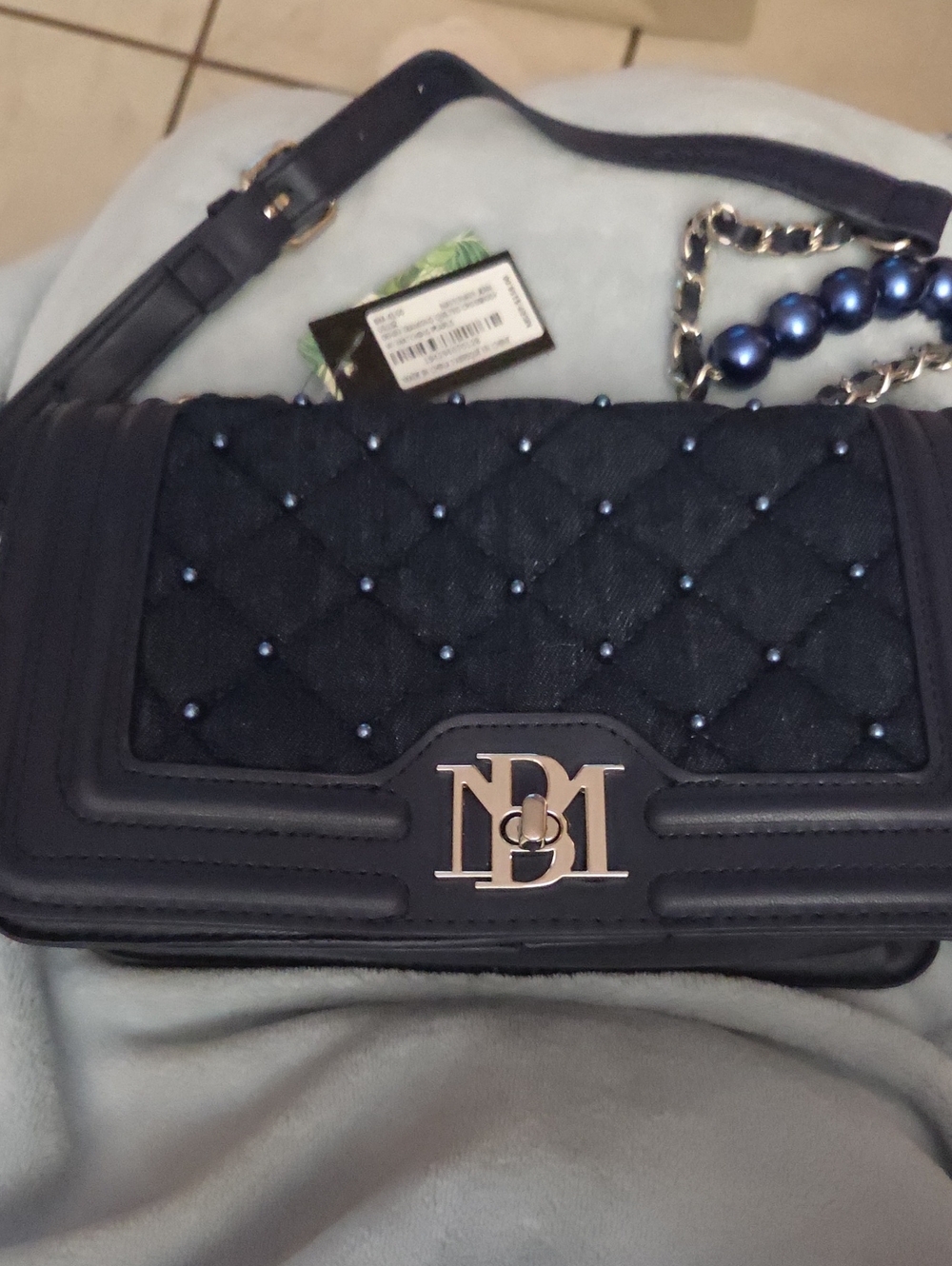 Badgley Mischka Denim Dimond Quilted Crossbody W/ Matching Pearls Navy NWT